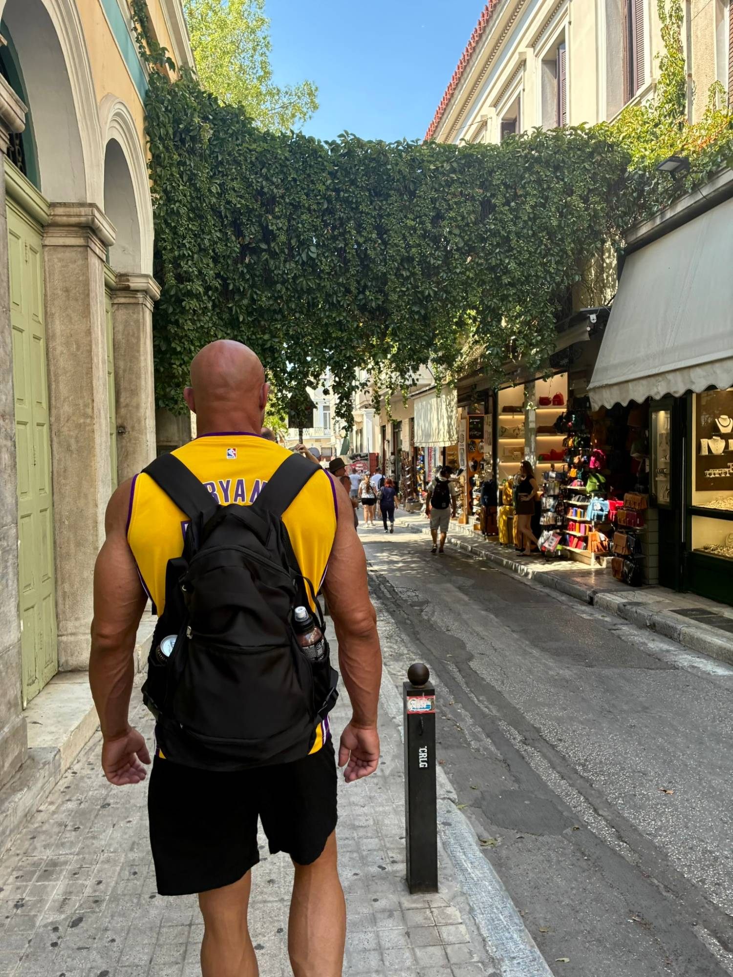 Walking through a street in Plaka under a canopy of green leaves, lined with small shops