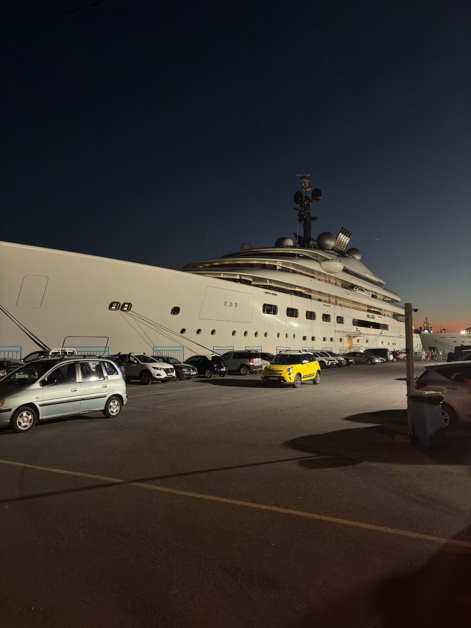 The superyacht Blue moored in Kalamata marina at dusk