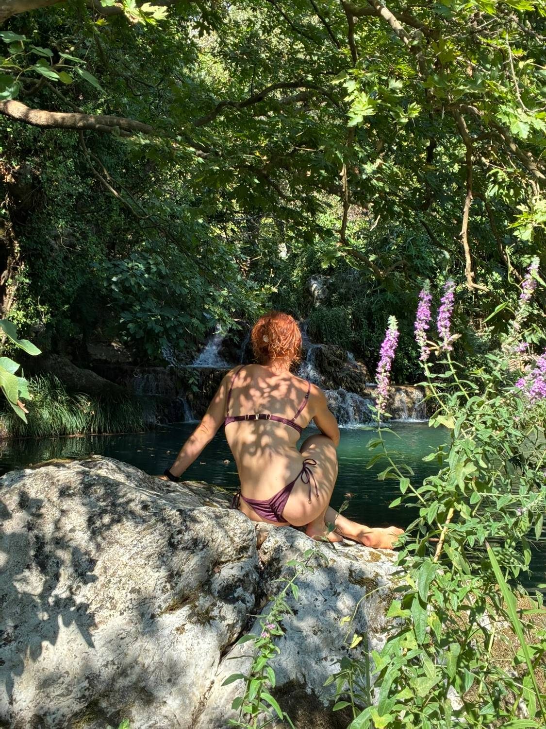 Kristine sitting on a rock looking at a small waterfall, with purple wildflowers in the foreground